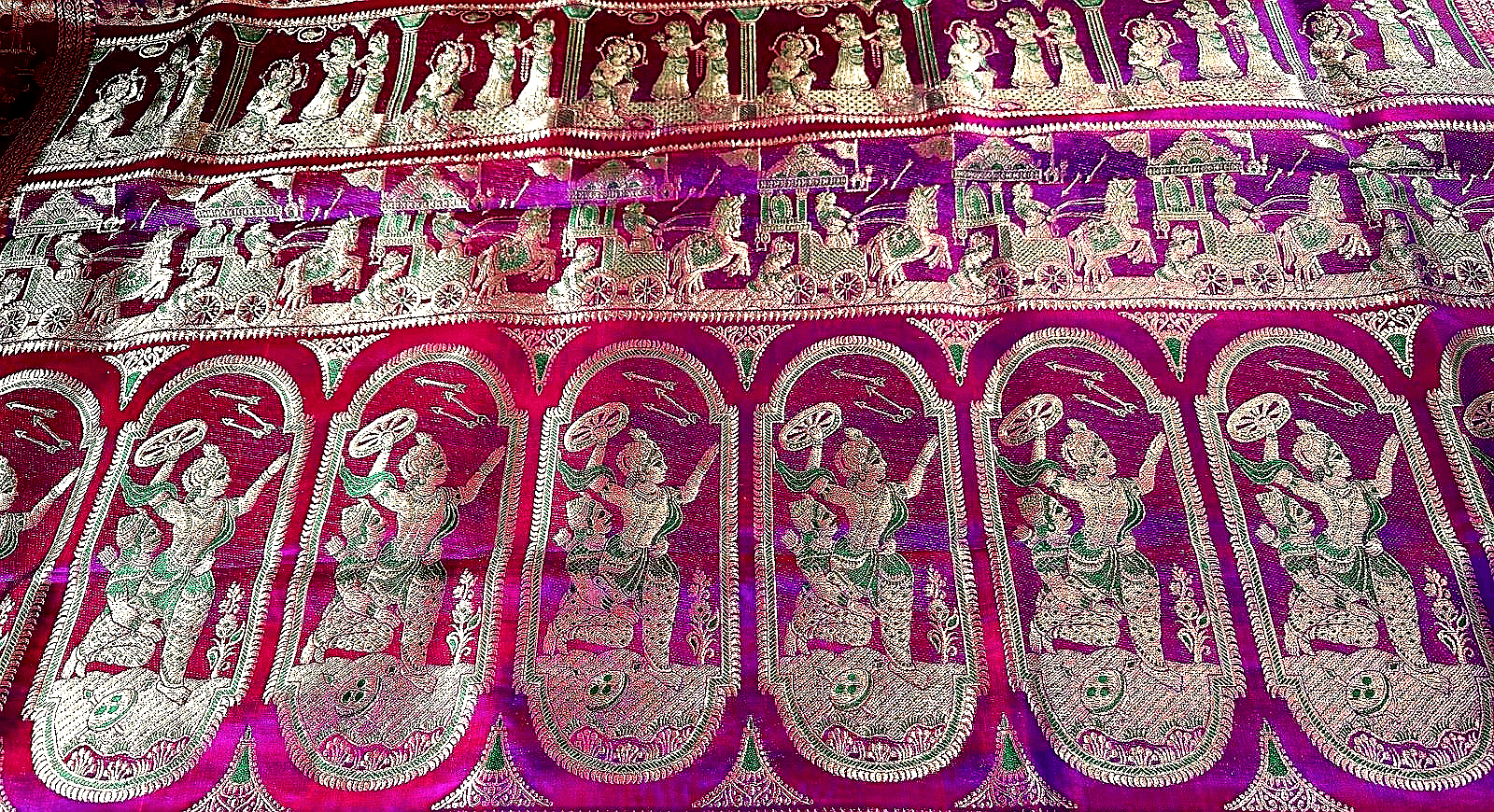 Mahabharata Katha woven in a Baluchari saree with intricate gold zari work